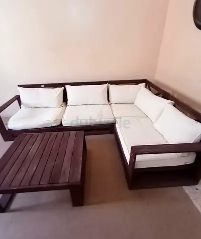 Solid Wood L-shaped Sofa Set with White Cushions and Coffee Table