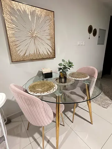 Glass Round Dining Table with 2 Pink Velvet Chairs — Good Condition