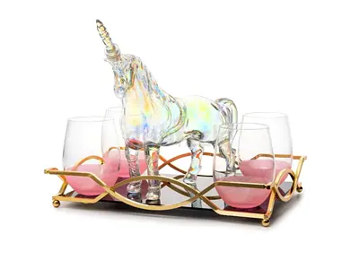 Iridescent Glass Unicorn Drink Server with 4 Glasses on Decorative Tray Gift Set 750ml