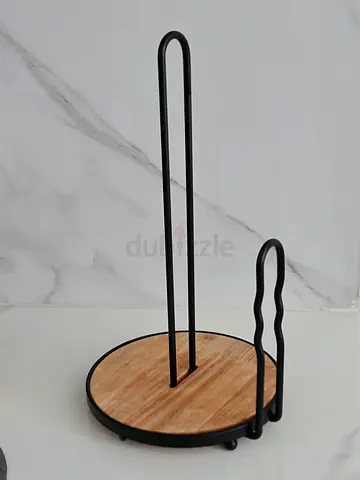 Wall-mounted Toilet Paper  Towel Holder with Wooden Shelf (Black Metal)