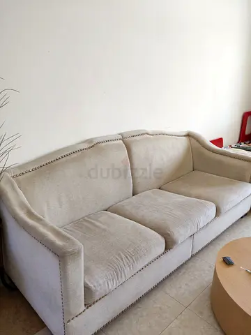 Beige 3-Seater Fabric Sofa with Nailhead Trim - Good Condition