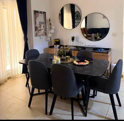 Modern 6-Seater Black Marble-Top Dining Table with Upholstered Chairs