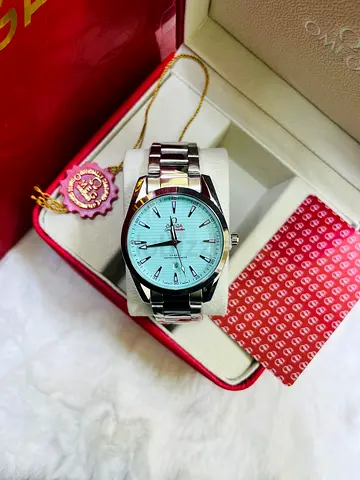 Omega-style stainless steel wristwatch with turquoise dial (boxed)