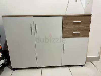 White and Oak Sideboard Cabinet with Drawers — Good Condition