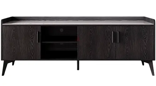 Dark Wood TV Media Console with Storage Cabinets and marble on top