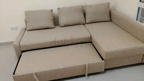 Ikea Beige L-shaped Sofa with Pull-out Bed/Storage - Good Condition
