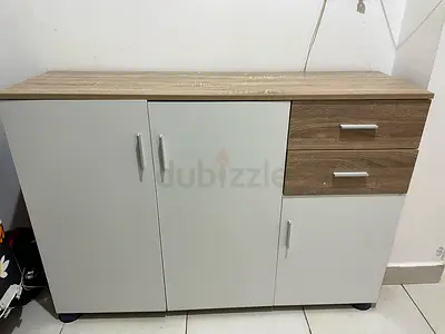 White and Oak Sideboard Cabinet with Drawers — Good Condition
