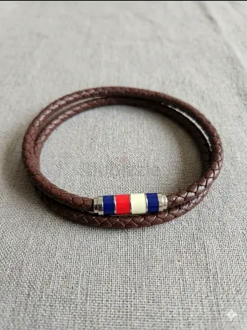 Brown braided leather double-wrap bracelet with tricolor metal clasp