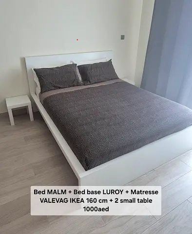 IKEA MALM 160cm Bed Frame + LURÖY Slatted Base  VALEVAG Mattress — Good Condition