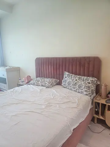 Upholstered king sized Bed with Velvet Headboard - Good Condition with mattress.