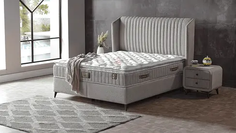 Light Grey Upholstered Bed Frame with Headboard and Mattress