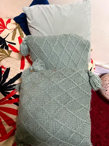 Set of 2 Decorative Knitted Throw Cushions with Tassels - Light Sage