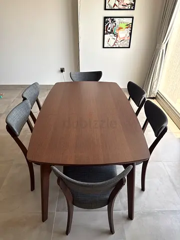 Solid Wood Dining Table with 6 Upholstered Chairs - Good Condition
