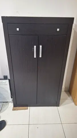 Shoe Rack in Dark Wood 2-Door Storage - Compact with drawer at top