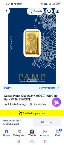 PAMP Suisse Queen 24K (999.9) 10g Gold Bar with Invoice