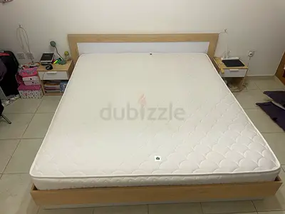 King size wooden bed frame with side table - light oak