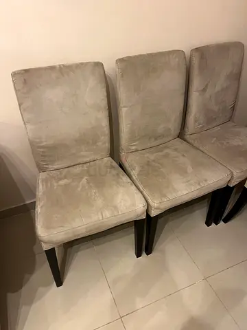 Set of 4 Grey Upholstered Dining Chairs with Wooden Legs