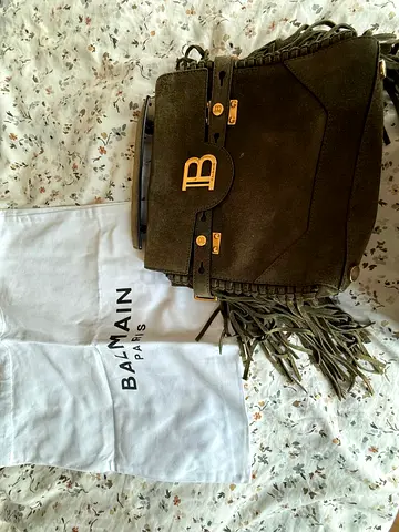 Balmain olive green suede fringe handbag with dust bag - preowned