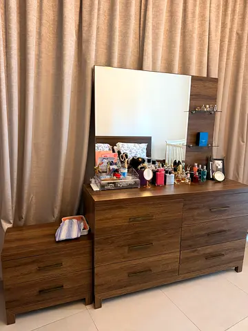 Master bed + dresser with mirror + 2 side tables + mattress