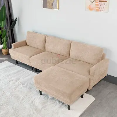 Modern 3 Seater Sectional Sofa with Ottoman in Beige Fabric