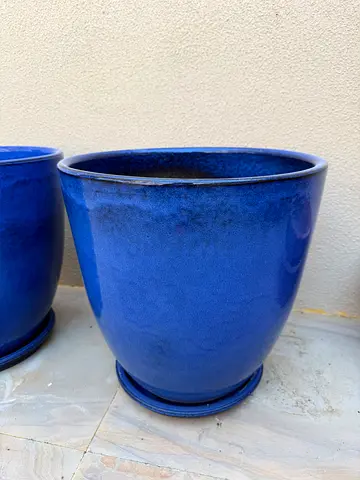 Big Blue Glazed Ceramic Pot and Saucer