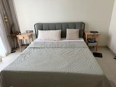 Queen bed frame with headboard and 2 bedside tables - good condition