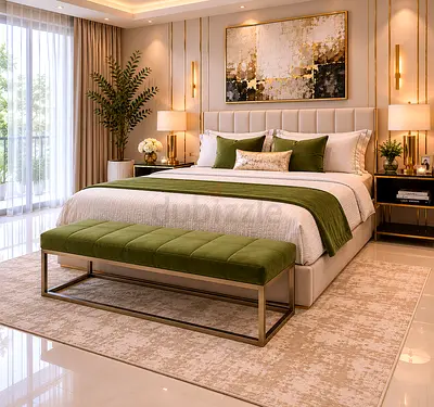 Modern upholstered  green bench from Crate and Barrel
