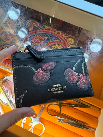Coach black floral leather card holder / small wallet /New