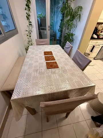 Dining table with bench and 4 chairs - light wood, good condition
