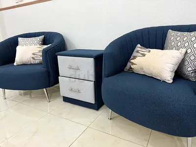 Modern Accent Chair Set (2 Chairs + Side Table) Navy Blue  Grey