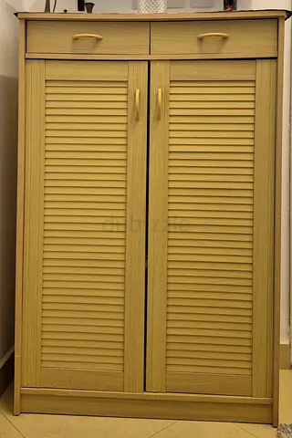 Wooden Shoe Cabinet with Drawers and Louvered Door - Light Oak