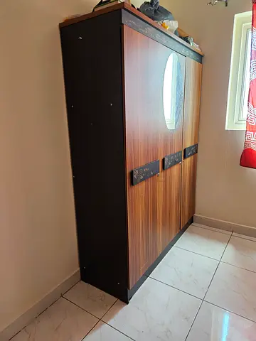 Wooden 3-Door Wardrobe with Mirror - Good Condition