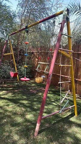 Metal outdoor swing set with Monkey bar, gym rings , climbing rope, ladder- Excellent condition