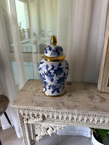 Elegant Blue and White Ceramic Ginger Vase with Gold Accents