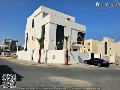 For sale: Luxury villa in Al Zahia Ajman, corner on 2 streets, 3 floors, 7 bedrooms, elevator, central AC, includes electricity & water, AED 3,000,000