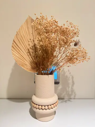 Decorative ceramic vase with dried flowers and wooden beads - neutral boho set