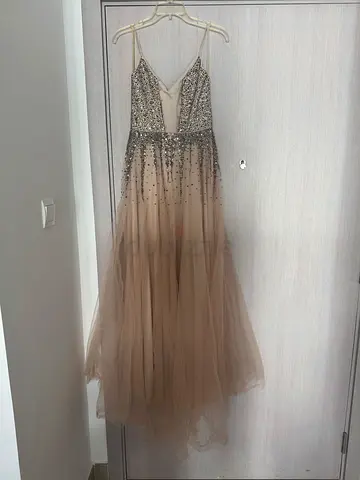 Beige embellished tulle evening/prom dress, size small with slit on the thigh