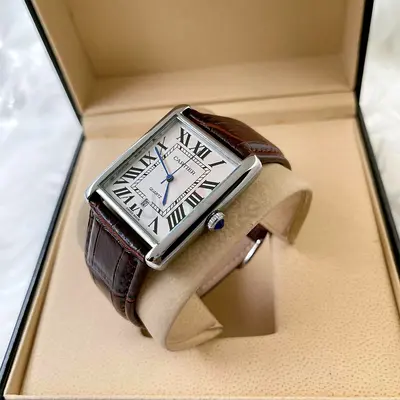 Classic Cartier-style Rectangular Men’s Dress Watch with Brown Leather Strap