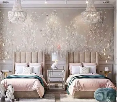 Pair of upholstered twin beds — elegant bedroom set