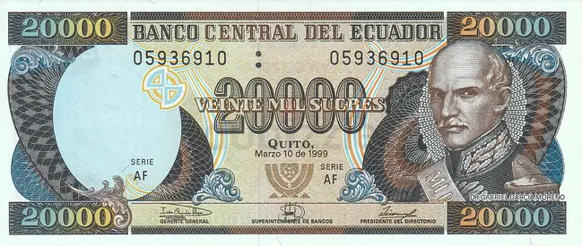 ECUADOR 20000 SUCRES BANKNOTE 1999