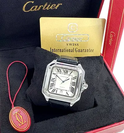 Cartier Santos-style Mens Watch with Box and Guarantee Card