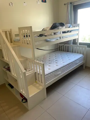White Wooden Bunk Bed with Guard Rails and Storage Steps - Good Condition