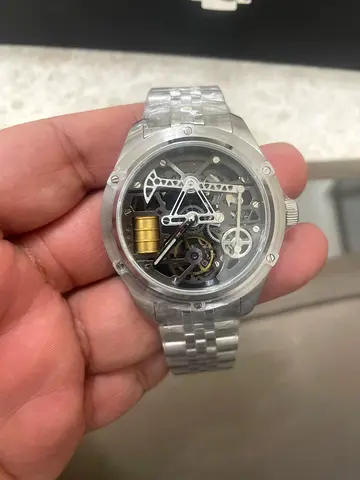 Pindu Transparent Skeleton Mechanical Wristwatch with Metal Bracelet (Used)