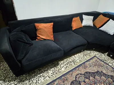 Large Black L-Shaped Fabric Sofa - Good Condition