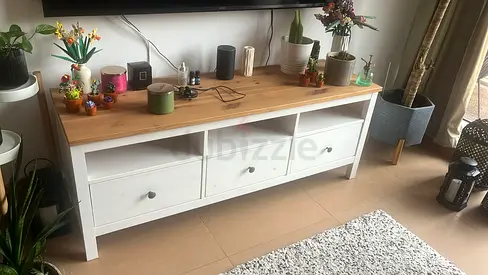 IKEA Hemnes White TV bench with Wooden Top - 3 Drawers, Good Condition