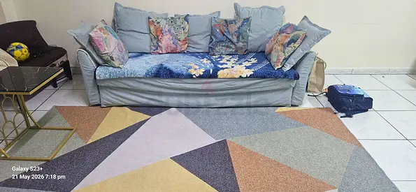 Light blue 3-seater sofa cum bed with large storage. Comes with 9 cushions and geometric rug.