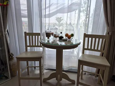 White Wooden Bar Table with Two Matching Stools - Good Condition