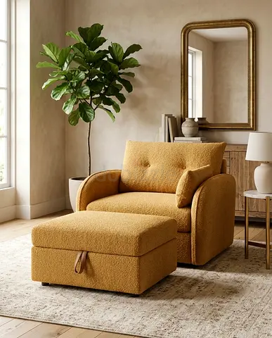 Comfortable Mustard Armchair with Ottoman - Good Condition