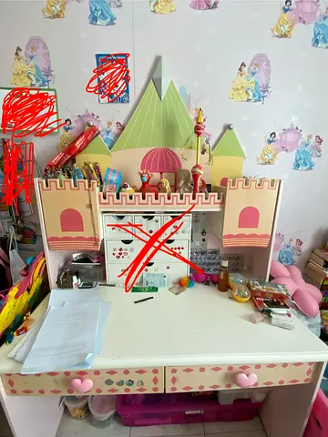 Pink Castle Kids Study Desk with Shelves and Drawers - Good Condition