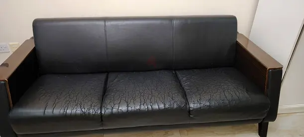 Used 3-Seater Black Leather Sofa with Wooden Armrests